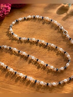 Handcrafted Pearl & Sapphire Blue Crystal Silver Wire Necklace 26" Artisan